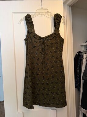 Olive Floral Tie-Front Mini Dress with Ruching